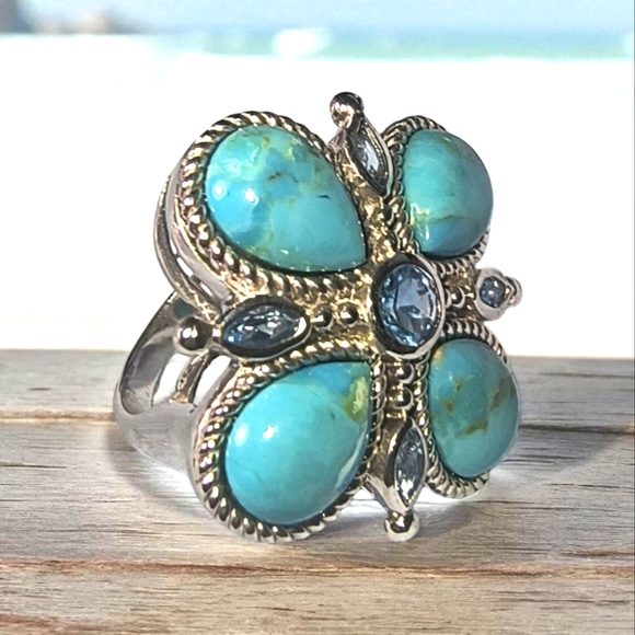Turquoise And Blue Topaz 4-Leaf Clover Ring In Sterling Silver